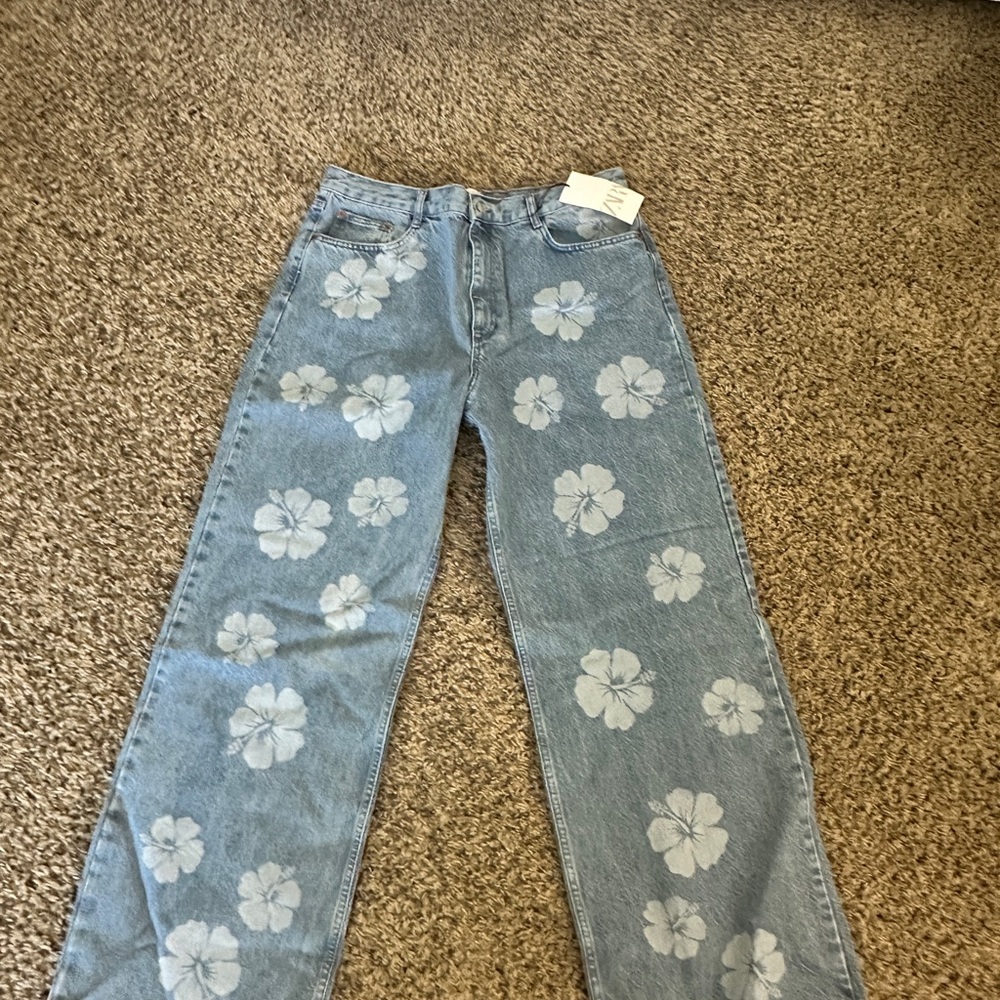 Zara Light Blue Floral Wide Leg Jeans